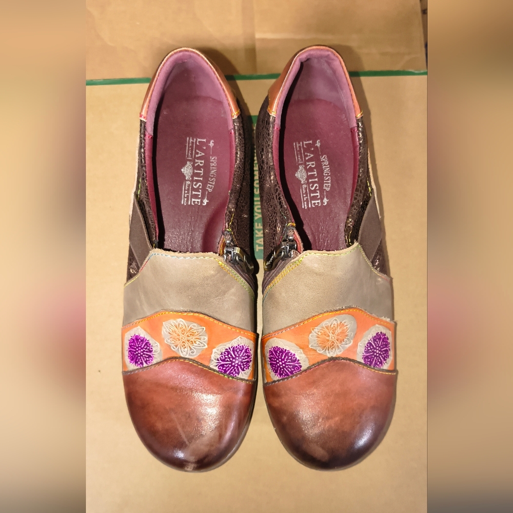 L'Artiste Women's Lata Slip-On Brown Multi Sz 39 US 8 - 8.5 Genuine Leather Boho
